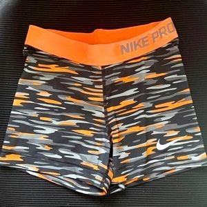 Nike Pro spandex shorts, women's small, black/orange/camo